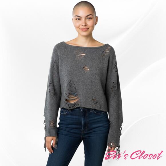 Romwe Grey Distressed Cutout Cropped Ripped Women's Trendy Sweater Sz S US 4 - Picture 1 of 9
